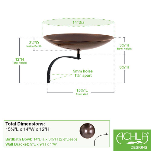 Burnt Copper Birdbath- Wall Mount Bracket