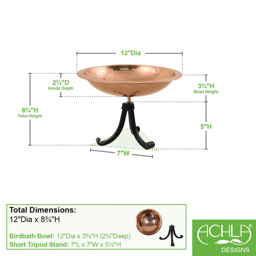 Hammered Copper Birdbath w/ Rim- Tripod Stand
