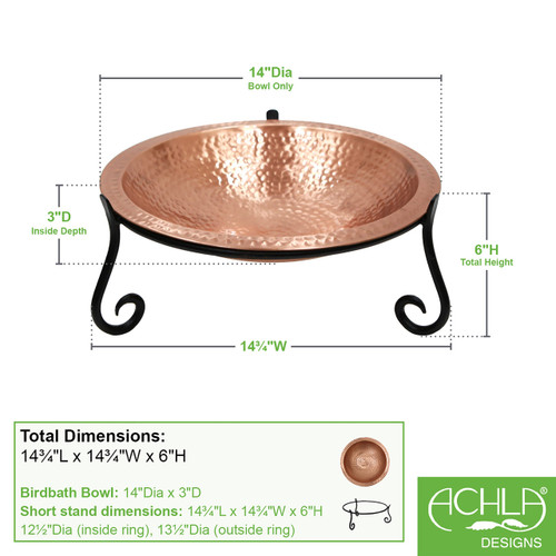 Hammered Solid Copper Birdbath- Short Stand