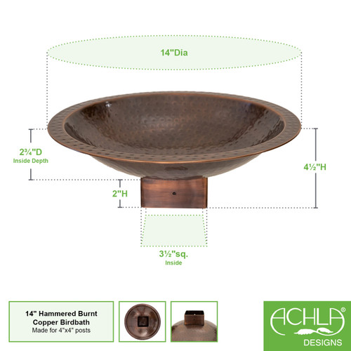 14" Hammered Copper Birdbath for 4x4 Post