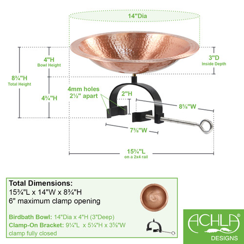 Hammered Solid Copper Birdbath- Over Rail Bracket