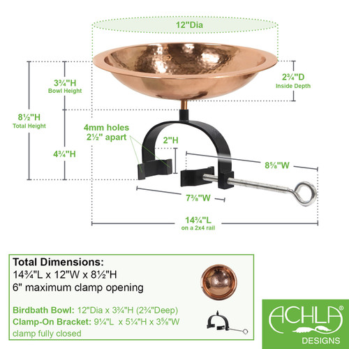 Hammered Copper Birdbath w/Rim- Over Rail Bracket