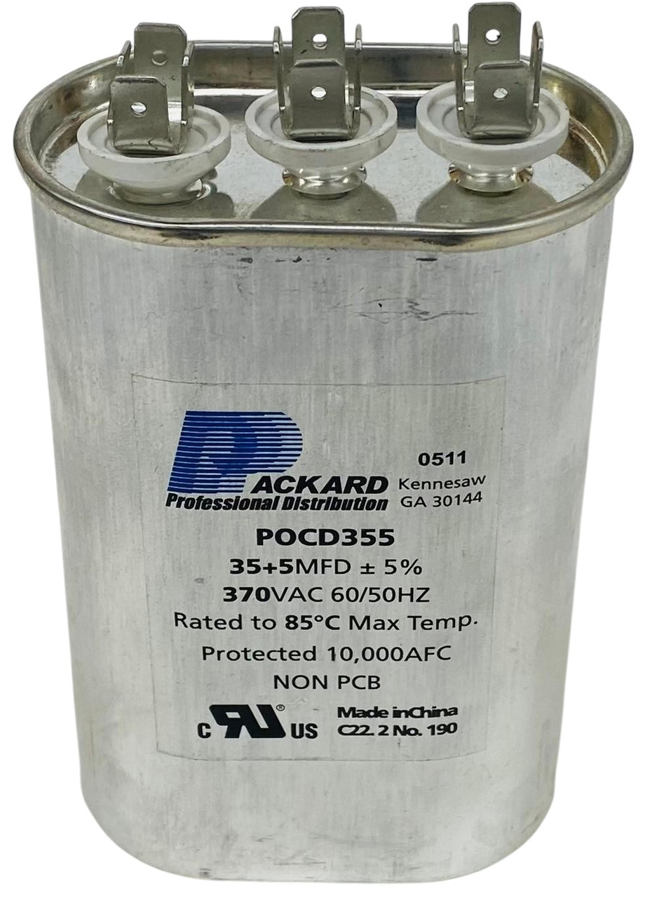 Packard Dual Run Capacitor, Oval, 35+5 Mfd., 370 Volt, POCD355, 35