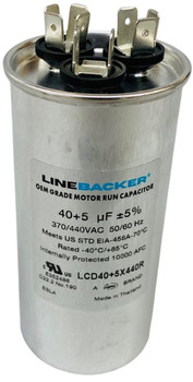 Linebacker Dual Run Capacitor, Round, 40 + 5 Mfd., 370/440 Volt, LCD40+5X440R