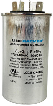 Linebacker Dual Run Capacitor, Round, 35 + 3 Mfd., 370/440 Volt, LCD35+3X440R