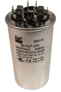 Dual Run Capacitor, Round, 30+5 Mfd., 370/440 Volt, 50/60 Hz, 28316