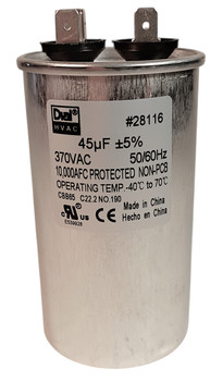 Single Run Capacitor, Round, 45 Mfd., 370/440 Volt, 50/60 Hz, 28116
