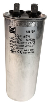 Single Run Capacitor, Round, 60 Mfd., 370/440 Volt, 50/60 Hz, 28158