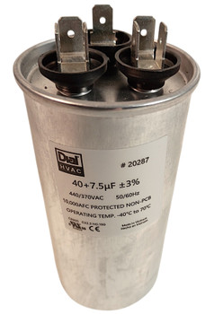 Dual Run Capacitor Round 40+7.5 Mfd., 370/440 Volt, 50/60 Hz, 28329, 20287