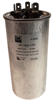 Dual Run Capacitor Round, 60+10 Mfd., 370/440 Volt, 50/60 Hz, 28347, 20320