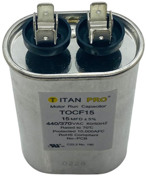 Packard Titan Pro 440/370V Motor Run Capacitor, Oval, 15 Mfd, TOCF15