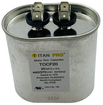 Packard Titan Pro 440/370V Motor Run Capacitor, Oval, 20 Mfd, TOCF20