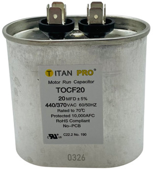 Packard Titan Pro 440/370V Motor Run Capacitor, Oval, 20 Mfd, TOCF20
