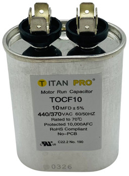 Packard Titan Pro 440/370V Motor Run Capacitor, Oval, 10 Mfd, TOCF10