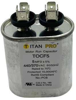 Packard Titan Pro 440/370V Motor Run Capacitor, Oval, 5 Mfd, TOCF5