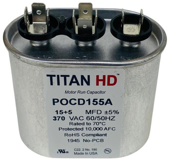 Packard Dual Run Capacitor, Oval, 15+5 Mfd., 370 Volt, POCD155, 15/5-370