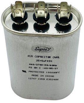 Dual Run Capacitor, Oval, 25 + 5 Mfd., 440 Volt, CD25+5X440