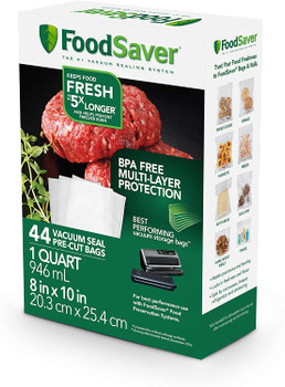 FSFSBF0226NP - Vacuum Seal Pre-Cut Bags, 1 Quart, 44-Count, fits FoodSaver