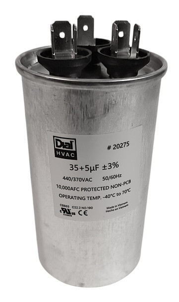 20275 - Dual Run Capacitor, Round, 35+5 Mfd., 370/440 Volt