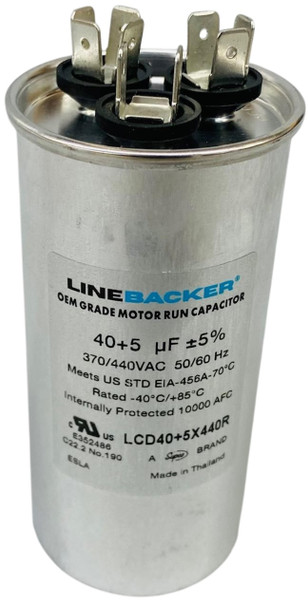 Linebacker Dual Run Capacitor, Round, 40 + 5 Mfd., 370/440 Volt, LCD40+5X440R