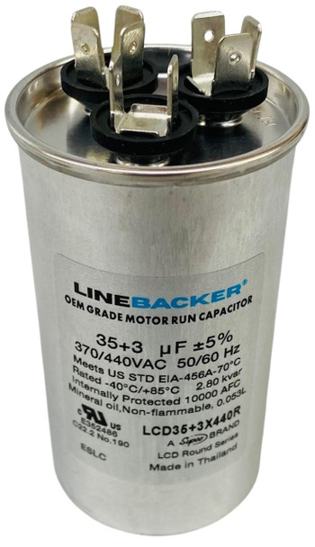 Linebacker Dual Run Capacitor, Round, 35 + 3 Mfd., 370/440 Volt, LCD35+3X440R
