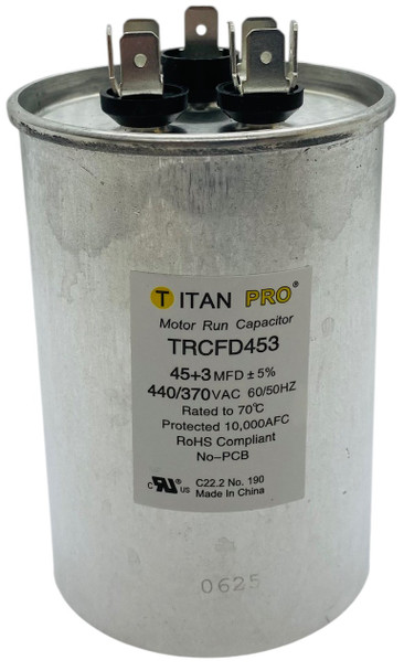 Titan Pro Run Capacitor, Round, 45+3 Mfd, 370V-440V, TRCFD453