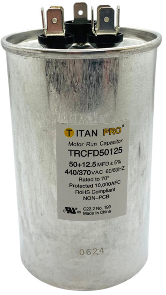 Titan Pro Run Capacitor, Round, 50+12.5 Mfd, 370V-440V, TRCFD50125