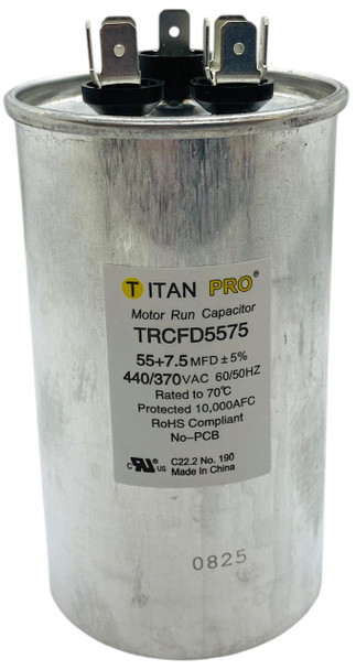 Titan Pro Run Capacitor, Round, 55+7.5 Mfd, 370V-440V, TRCFD5575