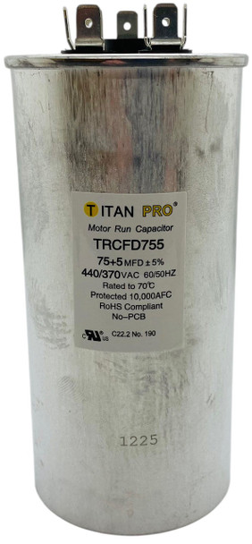 Titan Pro Dual Run Capacitor, Round, 75+5 Mfd, 370V-440V, TRCFD755