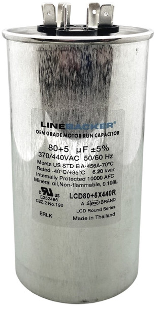 Linebacker Motor Run Dual Round Capacitor, 80 + 5 Mfd., 440 Volt, LCD80+5X440R