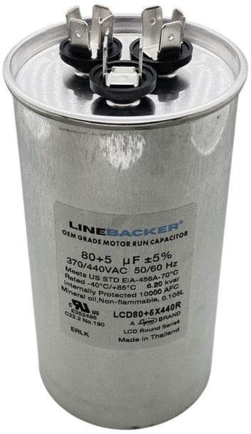 Linebacker Motor Run Dual Round Capacitor, 80 + 5 Mfd., 440 Volt, LCD80+5X440R