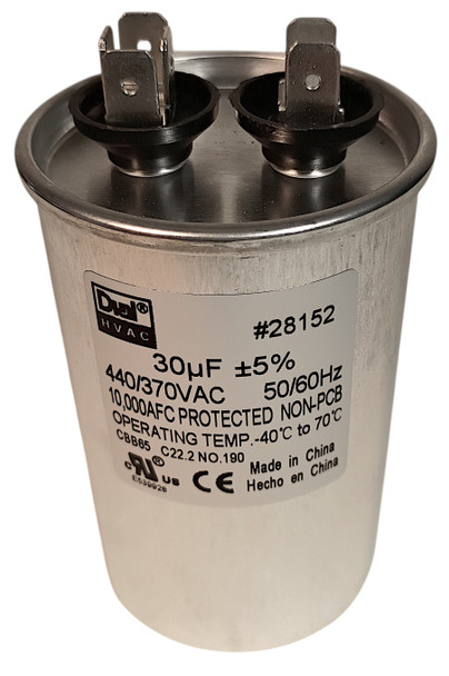 Single Run Capacitor, Round, 30 Mfd., 370/440 Volt, 50/60 Hz, 28152