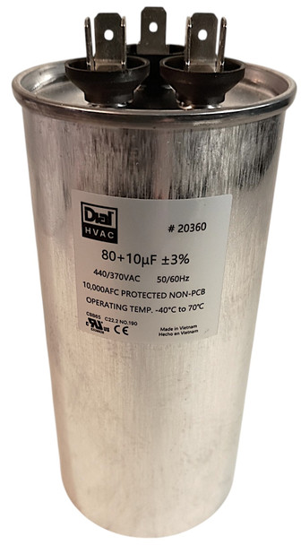 Dual Run Capacitor Round, 80+10 Mfd., 370/440 Volt, 50/60 Hz, 28360, 20360
