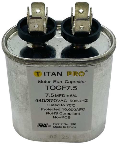 Packard Titan Pro 440/370V Motor Run Capacitor, Oval, 7.5 Mfd, TOCF7.5