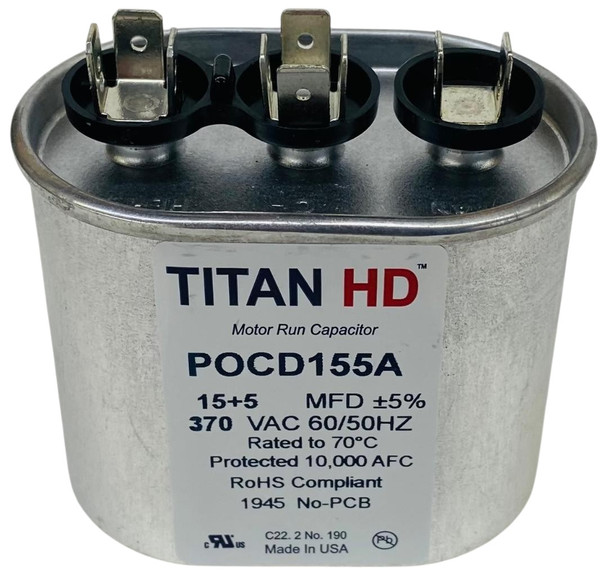 Packard Dual Run Capacitor, Oval, 15+5 Mfd., 370 Volt, POCD155, 15/5-370