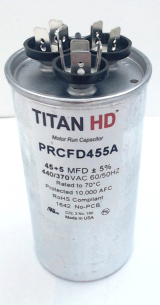 Packard Titan HD Run Capacitor, Round, 45+5 Mfd, 440-370V, PRCFD455A