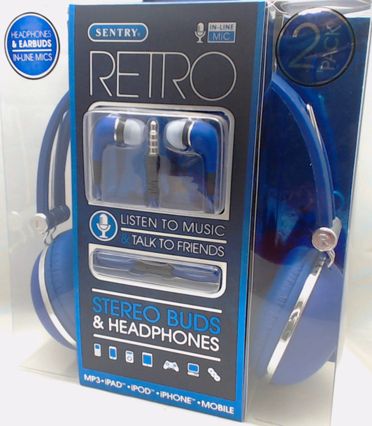 Sentry Retro Headphones & In-Ear Buds with In-Line Mic, Blue, 2 Pack, HC400B