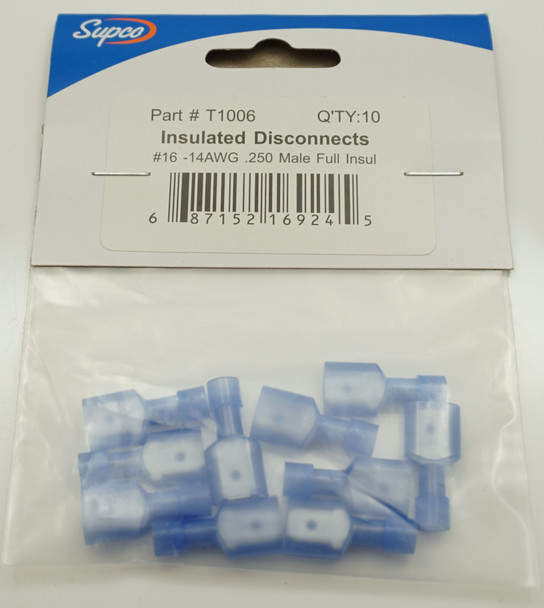 Supco Insulated Disconnects, 10 Pack, 16-14 AWG ¼" (.250") Male T1006