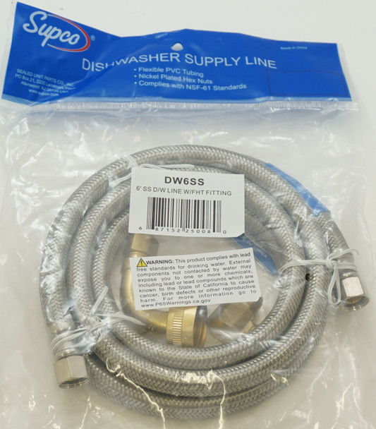 Supco 6 Foot Stainless Steel Dishwasher Hose with FHT Fitting, DW6SS