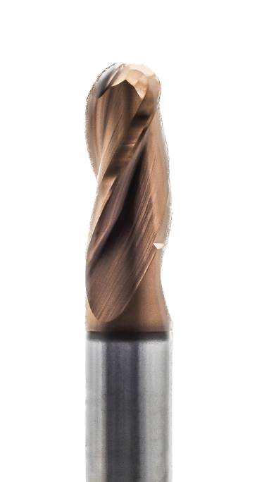 Solid carbide end mill with TiAlSiN coating for hard metals like steel, titanium, copper, and aluminum.