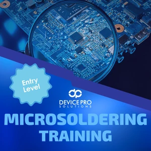 Circuit board viewed through a magnifying glass with the Device Pro Solutions logo and “Entry Level Microsoldering Training” text.