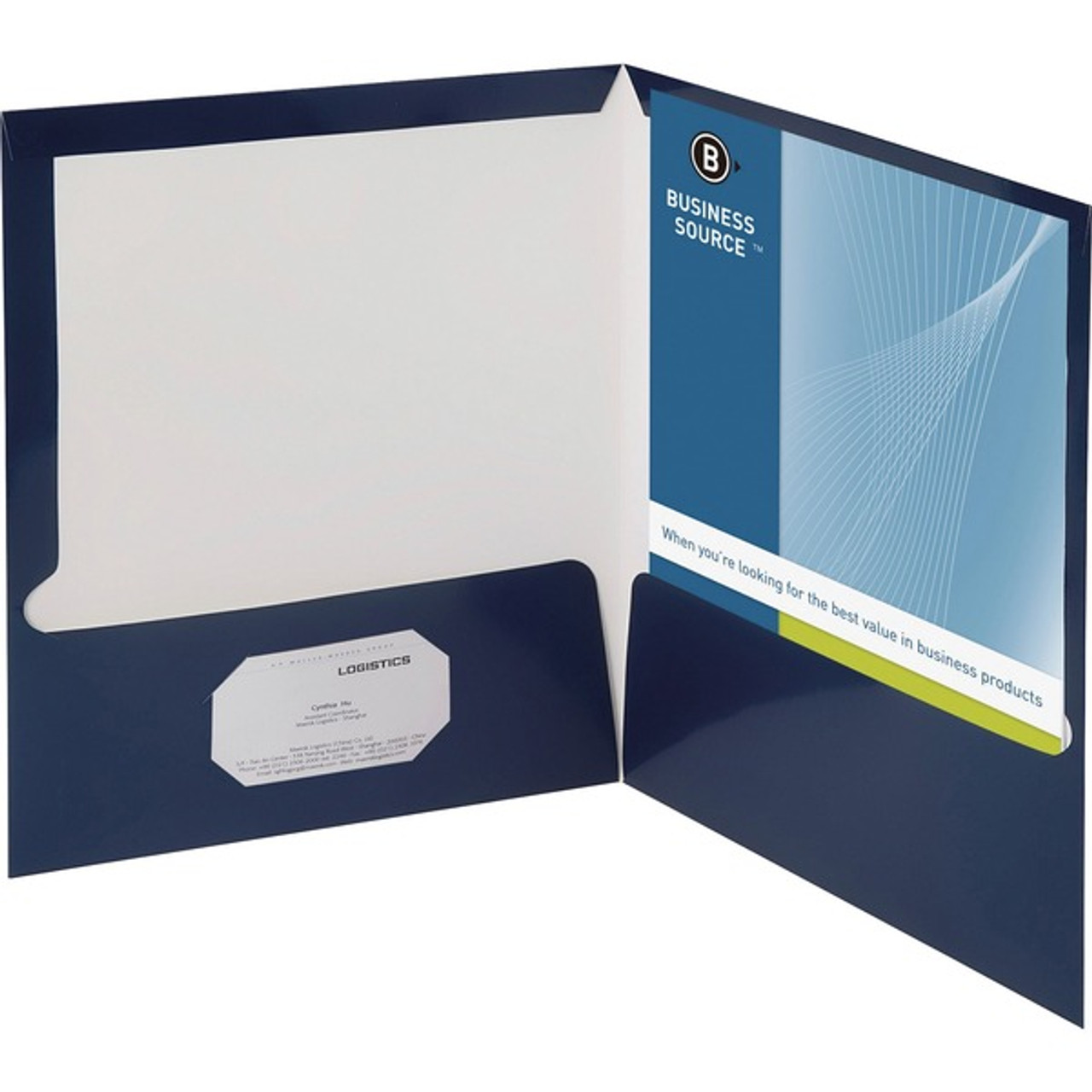 Business Source Letter Pocket Folder - 8 1/2 x 11 - 100 Sheet Capacity -  2 Internal Pocket(s) - Card Paper - Navy - 25 / Box - ServMart