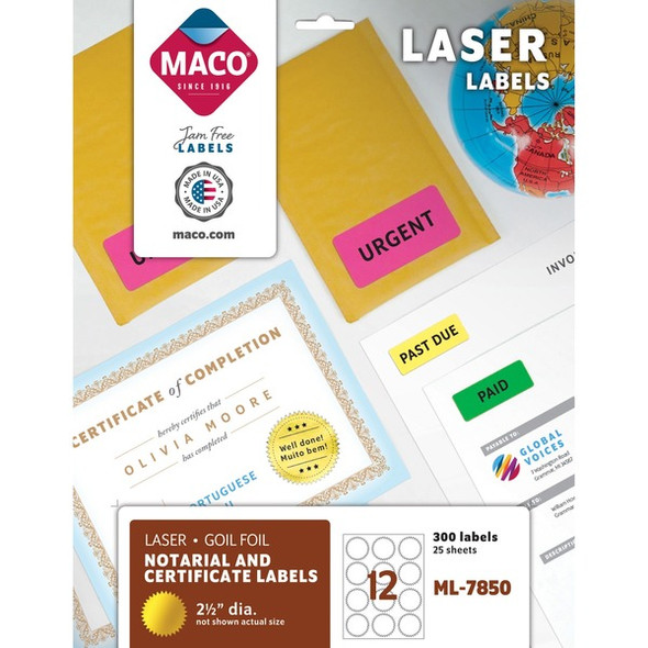 MACO Laser Gold Foil Notarial & Certificate Labels - Round - 2.50" Diameter - Self-adhesive, Permanent - Gold - 300 / Pack