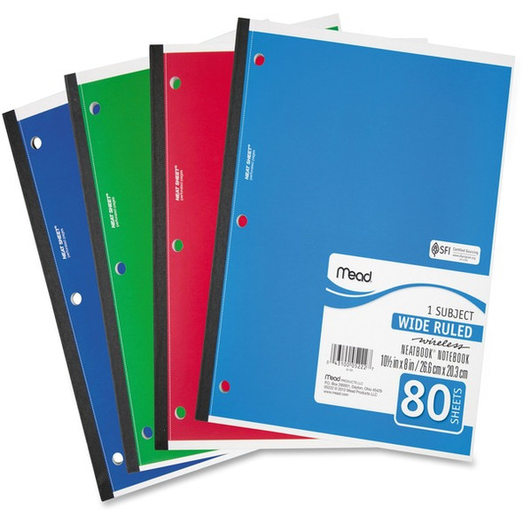 Mead 05222 1-Subject Wireless Notebook - 80 Sheets - Ruled Margin - 8" x 10 1/2" - White Paper - Green, Blue, Red, Light Blue Cover - Perforated - 1 Each