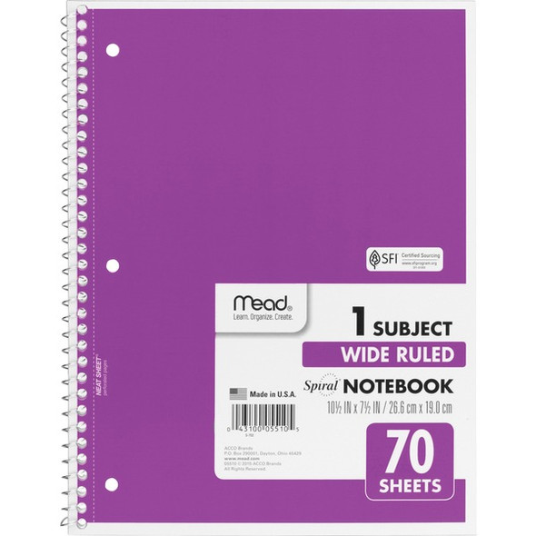 Mead Wide Ruled 1-Subject Notebook - 70 Sheets - Spiral - Wide Ruled - 8" x 10 1/2" - White Paper - Assorted Cover - Hole-punched, Micro Perforated - 1 Each