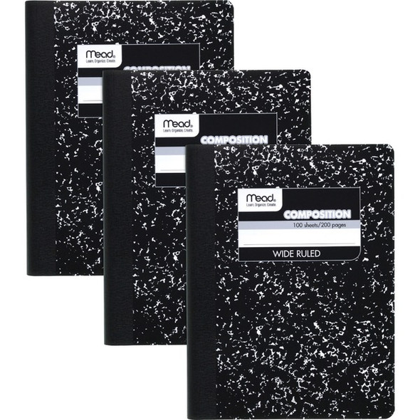 Mead Wide Ruled Comp Book - 100 Sheets - 100 Pages - Sewn - 9 3/4" x 7 1/2" - 9" x 7" x 0.5" - Black Marble Cover - Multiplication Table, Conversion Table, Reference Page - 3 / Pack
