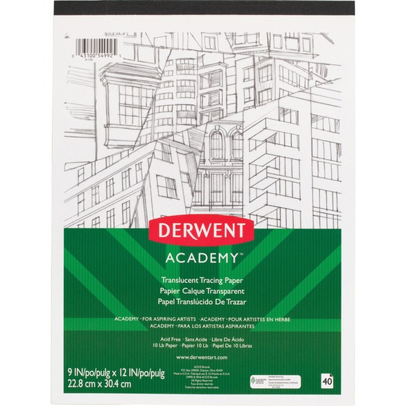 Derwent Academy Translucent Paper Pad - 40 Sheets - Tape Bound - 10 lb Basis Weight - 9" x 12" - White Paper - 1 Each