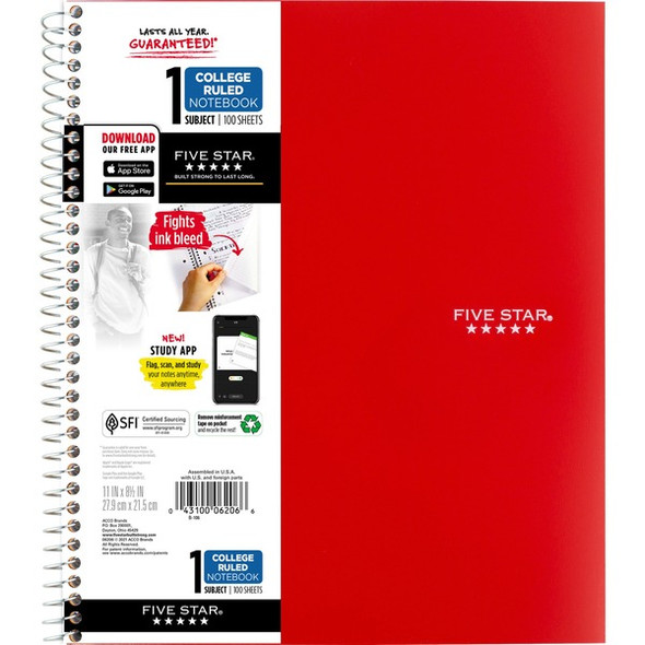 Five Star Wirebound Notebook - 1 Subject(s) - 100 Pages - Wire Bound - College Ruled - Letter - 8 1/2" x 11" - Red Cover - Double Sided Sheet, Durable, Water Resistant, Wear Resistant, Tear Proof, Spill Resistant, Pocket, Opaque - 1 Each