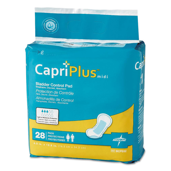 Capri Plus Bladder Control Pads, Extra Plus, 6.5" x 13.5", 28/Pack, 6/Carton