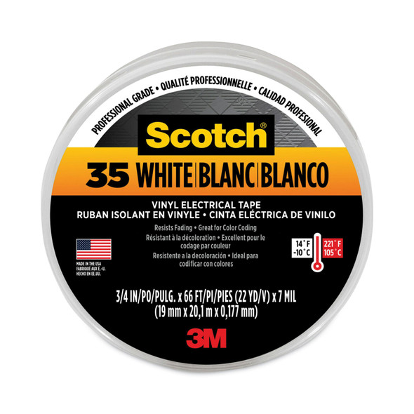 Scotch 35 Vinyl Electrical Color Coding Tape, 3" Core, 0.75" x 66 ft, White